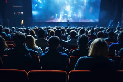 Group of people gathered together to enjoy movie projected on large screen. This image can be used to depict movie night, cinema experience, or community event.<!-- NICAID(15989227) -->