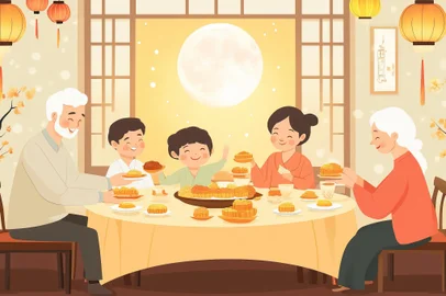 Desenho de uma família reunida em um jantar.<!-- NICAID(15944168) -->