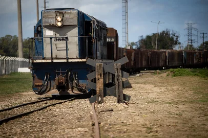RIO GRANDE, RS, BRASIL, 26-02-2026: Governos e empresas buscam alternativas para conter a precarização da malha ferroviária gaúcha, que perdeu 75% do tamanho em três décadas e foi dilacerada pelas enchentes de 2024. Rastro de destruição é desafio à reconstrução. Sem conexão por ferrovia com o resto do brasil e com países limítrofes, o estado se encontra ilhado fora dos trilhos. Na foto: Trem com grãos manobra perto do porto de Rio Grande para descarregar mercadoria (Foto: André Ávila/Agência RBS)Indexador: Andre Avila<!-- NICAID(16248522) -->