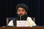 Taliban spokesman Zabihullah Mujahid speaks during a press conference in Kabul on September 6, 2021. - The Taliban on September 6, 2021 said that any insurgency against their rule would be "hit hard", after earlier saying they had captured the Panjshir Valley -- the last pocket of resistance. (Photo by Wakil Kohsar / AFP) / The erroneous mention[s] appearing in the metadata of this photo by WAKIL KOHSAR has been modified in AFP systems in the following manner: [Removing the month August from caption]. Please immediately remove the erroneous mention[s] from all your online services and delete it (them) from your servers. If you have been authorized by AFP to distribute it (them) to third parties, please ensure that the same actions are carried out by them. Failure to promptly comply with these instructions will entail liability on your part for any continued or post notification usage. Therefore we thank you very much for all your attention and prompt action. We are sorry for the inconvenience this notification may cause and remain at your disposal for any further information you may require.<!-- NICAID(14882119) -->