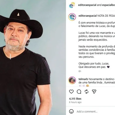 Lucas, da dupla Lucas & Matheus, morre neste sábado