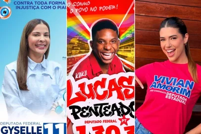 Ex-BBBs candidatos nas eleições de 2026: montagem com fotos de Gyselle Cajuína, Lucas Penteado e Vivian Amorim.<!-- NICAID(16348460) -->