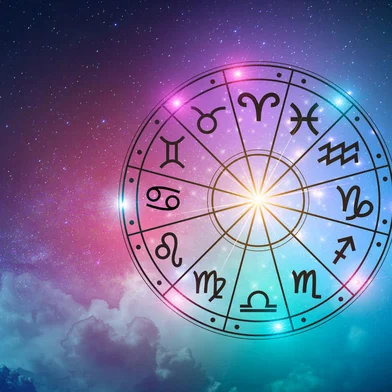 Zodiac signs inside of horoscope circle. Astrology in the sky with many stars and moons  astrology and horoscopes concept<!-- NICAID(15697354) -->