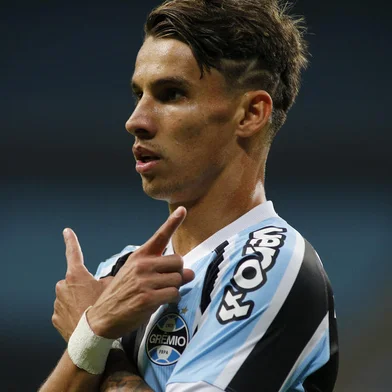 Brazil's Gremio Ferreira celebrates after scoring against Argentina's Lanus during the Copa Sudamericana football tournament group stage match at Gremio Arena in Porto Alegre, Brazil, on May 13, 2021. (Photo by SILVIO AVILA / POOL / AFP)Editoria: SPOLocal: Porto AlegreIndexador: SILVIO AVILASecao: soccerFonte: POOLFotógrafo: STR<!-- NICAID(14782882) -->