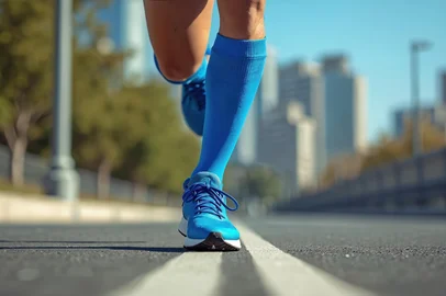 Low-angle illustration of runner legs in blue compression gear and running shoes. Striking pavement urban landscape. Athletic sock mockup, focused on motion, speed, training. Fitness, marathon.Corrida, caminhada, fitnessFonte: 1393378755<!-- NICAID(16030235) -->