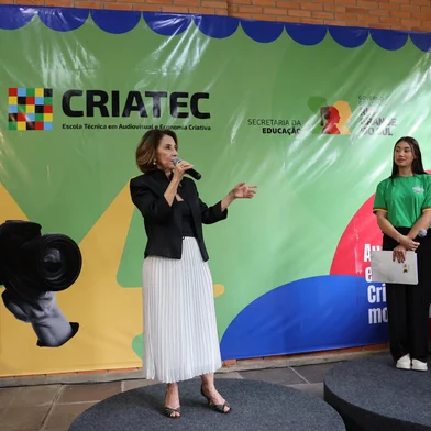 Anúncio do Plano de Ocupação da Criatec - Primeira Escola Técnica em Audiovisual e Economia Criativa. Na foto, a secretária estadual de Educação, Raquel Teixeira.<!-- NICAID(16161246) -->