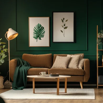 A stylish living room with dark green walls, a white wooden floor, a brown sofa, a lamp, and a coffee table.Fonte: 1026750911<!-- NICAID(15999677) -->