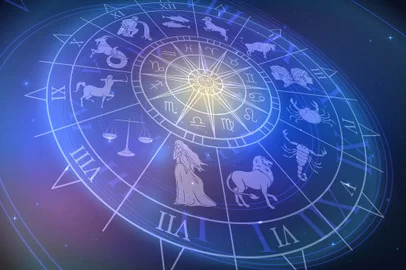 Wheel chart with zodiac signs in space, astrology and horoscope<!-- NICAID(15316343) -->