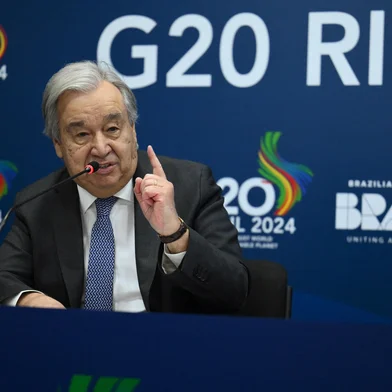 UN General Secretary Antonio Guterres speaks during a press conference in Rio de Janeiro, Brazil, ahead of the G20 Summit. (Photo by Luis ROBAYO / AFP)<!-- NICAID(15915441) -->