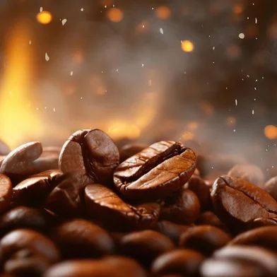 Freshly roasted coffee beans emitting steam and glowing sparks, evoking warmth and aroma.Freshly roasted coffee beans emitting steam and glowing sparks, evoking warmth and aroma..Fonte: 812527801<!-- NICAID(15907193) -->