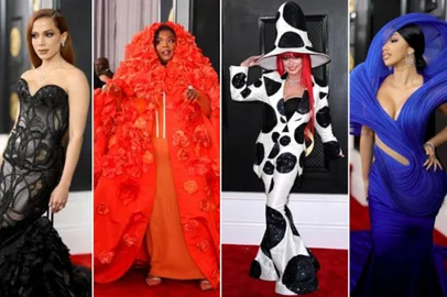 Looks vermelhos, metalizados e com transparência marcaram  Grammy 2023<!-- NICAID(15341388) -->