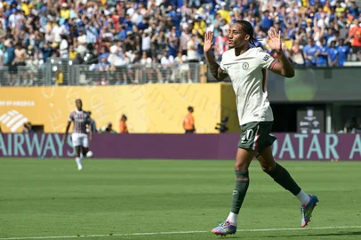 Chelsea's Brazilian forward #20 Joao Pedro celebrates scoring his team's second goal during the FIFA Club World Cup 2025 semifinal football match between Brazil's Fluminense and England's Chelsea at the MetLife stadium in East Rutherford, New Jersey on July 8, 2025. (Photo by JUAN MABROMATA / AFP)<!-- NICAID(16076022) -->