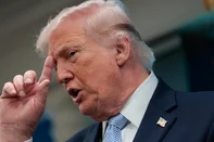 US President Donald Trump gestures as he speaks about the conflict in Iran in the James S. Brady Press Briefing Room of the White House on April 6, 2026, in Washington, DC. (Photo by Kent Nishimura / AFP)<!-- NICAID(16260366) -->