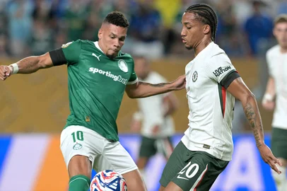Palmeiras' Brazilian forward #10 Paulinho and Chelsea's Brazilian forward #20 Joao Pedro fight for the ball during the FIFA Club World Cup 2025 quarterfinal football match between Brazil's Palmeiras and England's Chelsea at the Lincoln Financial Field Stadium in Philadelphia on July 4, 2025. (Photo by JUAN MABROMATA / AFP)<!-- NICAID(16074083) -->