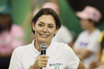 The First Lady of Brazil, Michelle Bolsonaro, speaks during the "Women with Bolsonaro" event, at the Praia Centro Hotel, on Iracema Beach in Fortaleza, Ceará State, Brazil, on October 14 of 2022. (Photo by JL ROSA / AFP)<!-- NICAID(15236742) -->