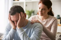 Adobe Stock - trabalho emocionalMan burying head in hands while woman comforts him. Concept of mankeeping and womenâs invisible emotional labor in relationships. Generative aiFonte: 1565969012<!-- NICAID(16094084) -->