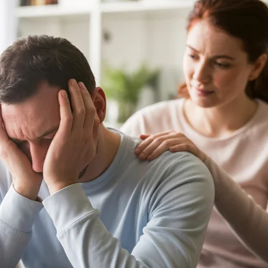 Adobe Stock - trabalho emocionalMan burying head in hands while woman comforts him. Concept of mankeeping and womenâs invisible emotional labor in relationships. Generative aiFonte: 1565969012<!-- NICAID(16094084) -->