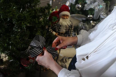 CAXIAS DO SUL, RS, BRASIL, 23/11/2023. Procura por aluguel de pinheirinhos e decorações de Natal começa a ganhar espaço em Caxias do Sul. Na foto, Fernanda Vons Ramos, proprietária da loja Sunflower. (Bruno Todeschini/Agência RBS)Indexador: BTK<!-- NICAID(15606899) -->