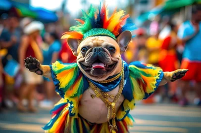 A funny French Bulldog in a multi-colored costume is dancing at the Brazilian Carnival. Generated AIBulldog Francês em fantasia de Carnaval; Cão; Pet, Dog. Foto: Eugenia  / stock.adobe.comFonte: 611448575<!-- NICAID(15524972) -->