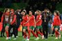 Morocco's midfielder #08 Salma Amani (C) reacts with teammates after losing against Germany in their Australia and New Zealand 2023 Women's World Cup Group H football match at Melbourne Rectangular Stadium, also known as AAMI Park, in Melbourne on July 24, 2023. (Photo by WILLIAM WEST / AFP)<!-- NICAID(15491384) -->