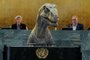 Vídeo promocional da ONU para a COP26 mostra dinossauro discursando a líderes mundiais para alertar para os riscos de extinção humana<!-- NICAID(14926512) -->