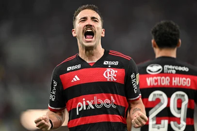 MAURO PIMENTEL / AFP Flamengo's defender Leo Ortiz celebrates after scoring during the Copa Libertadores group stage first leg football match between Brazil's Flamengo and Chile's Palestino at the Maracana Stadium in Rio de Janeiro, Brazil, on April 10, 2024. (Photo by MAURO PIMENTEL / AFP)Editoria: SPOLocal: Rio de JaneiroIndexador: MAURO PIMENTELSecao: soccerFonte: AFPFotógrafo: STF<!-- NICAID(15891734) -->