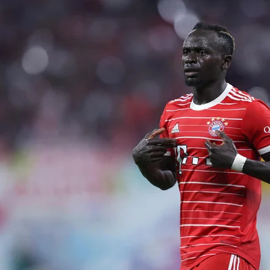 Bayern Munich's Senegalese forward Sadio Mane reacts during the German Supercup football match between RB Leipzig and FC Bayern Munich in Leipzig, on July 30, 2022. (Photo by Ronny Hartmann / AFP) / DFL REGULATIONS PROHIBIT ANY USE OF PHOTOGRAPHS AS IMAGE SEQUENCES AND/OR QUASI-VIDEOEditoria: SPOLocal: LeipzigIndexador: RONNY HARTMANNSecao: soccerFonte: AFPFotógrafo: STR<!-- NICAID(15167109) -->