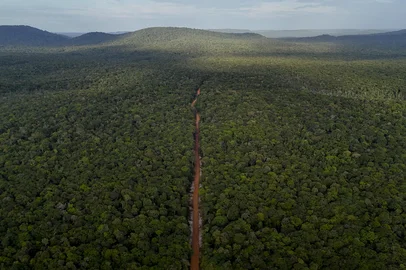 This aerial view shows the Linden-Lethem road, in the Essequibo region, Guyana, on August 28, 2025. The Trail is the nickname given to the red dirt road stretching over 400 km from the capital Georgetown to Lethem in the south on the Brazilian border, of which Guyana wants to take advantage to transform it into a major road to change the economic life of the country, and also open up the Essequibo, a region rich in gold and minerals largely claimed by Venezuela. (Photo by Joaquin Sarmiento / AFP)Editoria: FINLocal: KurukupariIndexador: JOAQUIN SARMIENTOSecao: road transportFonte: AFPFotógrafo: STF<!-- NICAID(16125916) -->