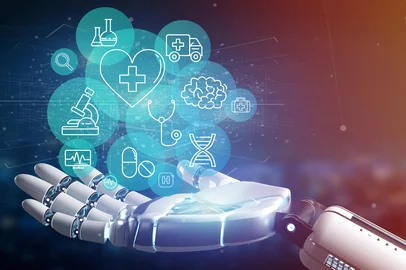 View of a Cyborg hand holding a Medical icon and connection 3d renderingFonte: 224999750<!-- NICAID(15414825) -->