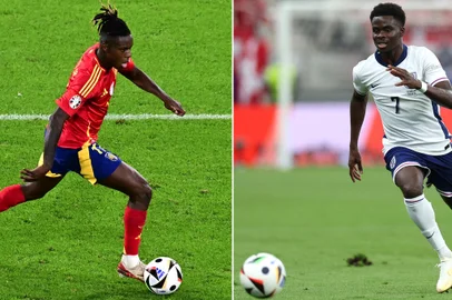 (COMBO) This combination of pictures created on July 12, 2024 shows Spain's midfielder #17 Nico Williams (L) during the UEFA Euro 2024 round of 16 football match between Spain and Georgia at the Cologne Stadium in Cologne on June 30, 2024; and England's forward #07 Bukayo Saka during the UEFA Euro 2024 Group C football match between Denmark and England at the Frankfurt Arena in Frankfurt am Main on June 20, 2024. Spain faces England during the UEFA Euro 2024 final football match at the Olympiastadion in Berlin on July 14, 2024. (Photo by Tobias SCHWARZ and Adrian DENNIS / AFP)<!-- NICAID(15812591) -->