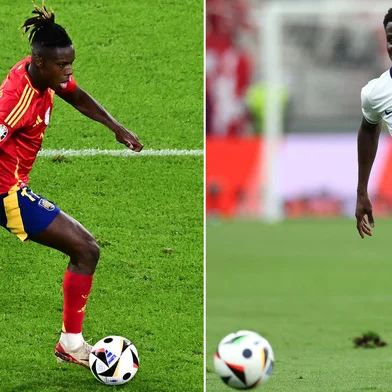 (COMBO) This combination of pictures created on July 12, 2024 shows Spain's midfielder #17 Nico Williams (L) during the UEFA Euro 2024 round of 16 football match between Spain and Georgia at the Cologne Stadium in Cologne on June 30, 2024; and England's forward #07 Bukayo Saka during the UEFA Euro 2024 Group C football match between Denmark and England at the Frankfurt Arena in Frankfurt am Main on June 20, 2024. Spain faces England during the UEFA Euro 2024 final football match at the Olympiastadion in Berlin on July 14, 2024. (Photo by Tobias SCHWARZ and Adrian DENNIS / AFP)<!-- NICAID(15812591) -->