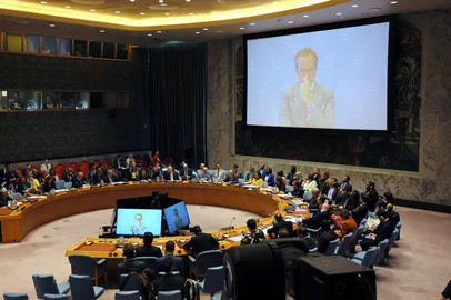 NEW YORK, NEW YORK - JUNE 20: Members of the UN Security Council listen as António Guterres, UN Secretary-General, speaks during a meeting on threats to international peace and security at the United Nations headquarters on June 20, 2025 in Washington, DC. The Security Council is holding an emergency session to address the escalating conflict between Israel and Iran. The meeting was requested by Iran and backed by Algeria, China, Pakistan, and Russia. UN Secretary-General Antonio Guterres is expected to brief the council. The United Nations has called for an immediate de-escalation and ceasefire.   Michael M. Santiago/Getty Images/AFP (Photo by Michael M. Santiago / GETTY IMAGES NORTH AMERICA / Getty Images via AFP)<!-- NICAID(16064176) -->