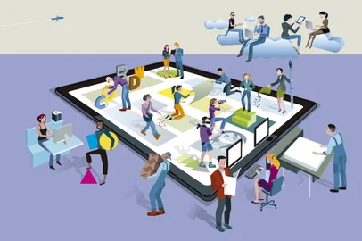 A team of people work creatively together creating content on a tablet. Other people download this content on their mobile devices.Indexador: JesussanzFonte: 127960490<!-- NICAID(14829188) -->