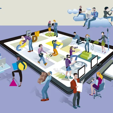 A team of people work creatively together creating content on a tablet. Other people download this content on their mobile devices.Indexador: JesussanzFonte: 127960490<!-- NICAID(14829188) -->