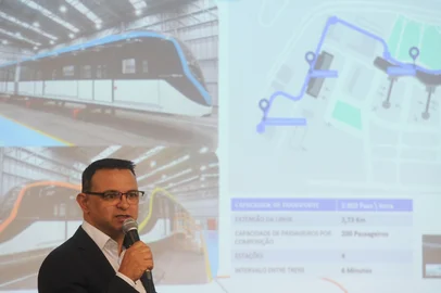 CAXIAS DO SUL, RS, BRASIL, 28/09/2023. Palestra sobre o mercado de trens, organizada pelo SIMECS de Caxias do Sul, e ministrada por Petras Amaral Santos, Business Head da Marcopolo Rail. (Bruno Todeschini/Agência RBS)Indexador: BTK<!-- NICAID(15553450) -->