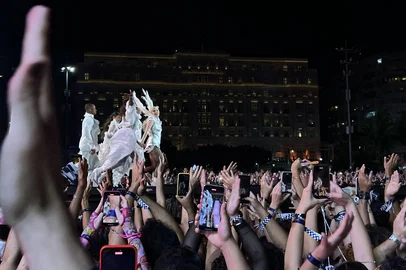 US pop star Lady Gaga performs during her concert at Copacabana beach in Rio de Janeiro, Brazil on May 3, 2025. (Photo by STRINGER / AFP)<!-- NICAID(16029437) -->