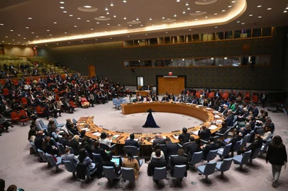 The United Nations Security Council meets on the situation in the Middle East, including the Palestinian question, at UN headquarters in New York City on April 18, 2024. UN Secretary-General Antonio Guterres painted a dark picture of the situation in the Middle East, warning that spiraling tensions over the war in Gaza and Iran's attack on Israel could devolve into a "full-scale regional conflict." (Photo by ANGELA WEISS / AFP)<!-- NICAID(15739326) -->