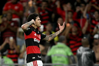 Flamengo's forward #09 Pedro celebrates after scoring the opening goal during the Copa Libertadores group stage football match between Brazil's Flamengo and Argentina's Estudiantes de La Plata at the Maracana stadium in Rio de Janeiro, Brazil on May 20, 2026. (Photo by MAURO PIMENTEL / AFP)<!-- NICAID(16290413) -->