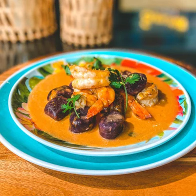 nhoque de batata roxa, temporada gourmet andreazza, destemperados, camarões, curry, alex szygethy<!-- NICAID(15307683) -->