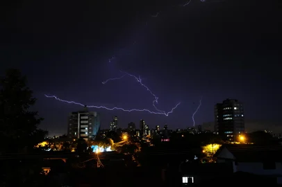 CAXIAS DO SUL, RS, BRASIL, 12/02/2021. Temporal em Caxias do Sul, no início da noite desta sexta-feira. Relâmpagos são vistos no céu da cidade. (Porthus Junior/Agência RBS)<!-- NICAID(14713904) -->