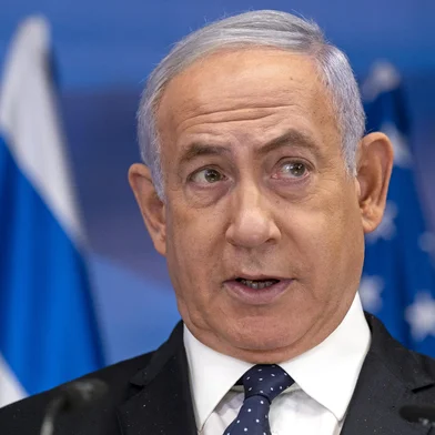 Israeli Prime Minister Benjamin Netanyahu speaks during a joint press conference with US Secretary of State Antony Blinken (unseen) in Jerusalem on May 25, 2021, days after an Egypt-brokered truce halted fighting between the Jewish state and the Gaza Strip's rulers Hamas. (Photo by Alex Brandon / POOL / AFP)Editoria: WARLocal: JerusalemIndexador: ALEX BRANDONSecao: conflict (general)Fonte: POOLFotógrafo: STR<!-- NICAID(16058801) -->