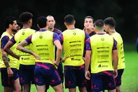 CAXIAS DO SUL, RS, BRASIL, 24/04/2025. Primeiro treino do novo técnico do Caxias, Júnior Rocha,  no CT Baixada Rubra Vanderlei Bersaghi. A SER Caxias está disputando a série C do Campeonato Brasileiro 2025. (Porthus Junior/Agência RBS)<!-- NICAID(16023744) -->