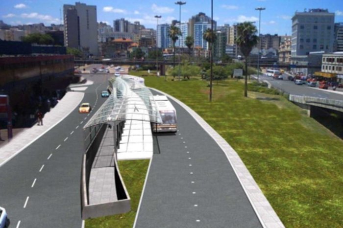 O túnel previsto acesso as novas paradas no meio da Avenida Castelo Branco, com ônibus segregados dos automóveis