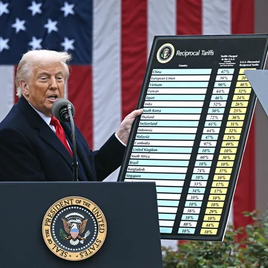 Trump delivers remarks on reciprocal tariffsUS President Donald Trump holds a chart as he delivers remarks on reciprocal tariffs during an event in the Rose Garden entitled "Make America Wealthy Again" at the White House in Washington, DC, on April 2, 2025. Trump geared up to unveil sweeping new "Liberation Day" tariffs in a move that threatens to ignite a devastating global trade war. Key US trading partners including the European Union and Britain said they were preparing their responses to Trump's escalation, as nervous markets fell in Europe and America. (Photo by Brendan SMIALOWSKI / AFP)Editoria: FINLocal: WashingtonIndexador: BRENDAN SMIALOWSKISecao: metal and mineralFonte: AFPFotógrafo: STF<!-- NICAID(16008843) -->
