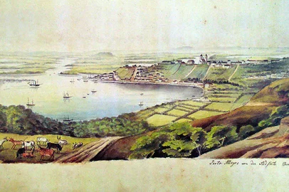 Porto Alegre vista da Zona Sul, em 1852, em aquarela de Herrmann Rudolf Wendroth<!-- NICAID(15777966) -->