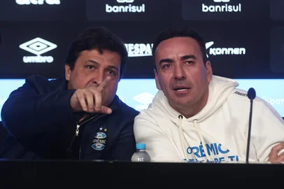 PORTO ALERE, RS, BRASIL, 15-07-2025: Coletiva na Arena do Grêmio sobre doação feita pelo empresário Marcelo Marques que passará administração do estádio para o Grêmio. Foto: Jonathan Heckler/Agência RBS<!-- NICAID(16080682) -->