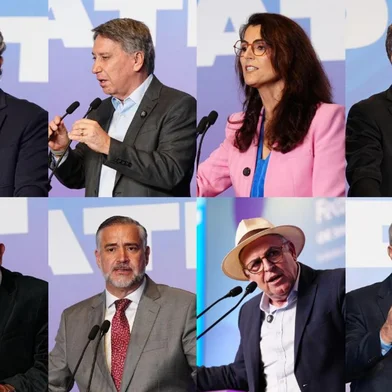 Debate entre pré-candidatos ao Senado promovido pela Fecomércio. Milton Cardoso (PSDB), Germano Rigotto (MDB), Frederico Antunes (PSD), Renato Jaguarão (Cidadania), Marcel Van Hattem (Novo), Ubiratan Sanderson (PL), Manuela D'Ávila (PSOL) e Paulo Pimenta (PT).<!-- NICAID(16330625) -->