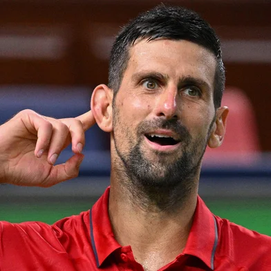 Serbia's Novak Djokovic reacts to a point during his quarter-final men's singles match against Belgium's Zizou Bergs at the Shanghai Masters tennis tournament in Shanghai on October 9, 2025. (Photo by Hector RETAMAL / AFP)<!-- NICAID(16142393) -->
