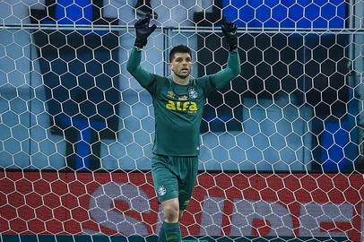 RS - FUTEBOL/CAMPEONATO BRASILEIRO 2025/GREMIO x BOTAFOGO - ESPORTES - Lance da partida entre Gremio e Botafogo disputada na noite desta quarta-feira, na Arena do Gremio, em partida valida pela Campeonato Brasileiro 2025. FOTO: LUCAS UEBEL/GREMIO FBPA<!-- NICAID(16132271) -->