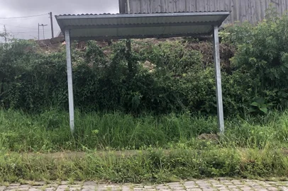 Abrigo de ônibus sem capine e sem proteção e conforto para usuários na esquina da Rua dos Ipês e Rua das Gardênias, no bairro Cinquentenário, em Caxias do Sul.Crédito: Jandir Pilotto, Divulgação<!-- NICAID(15042113) -->
